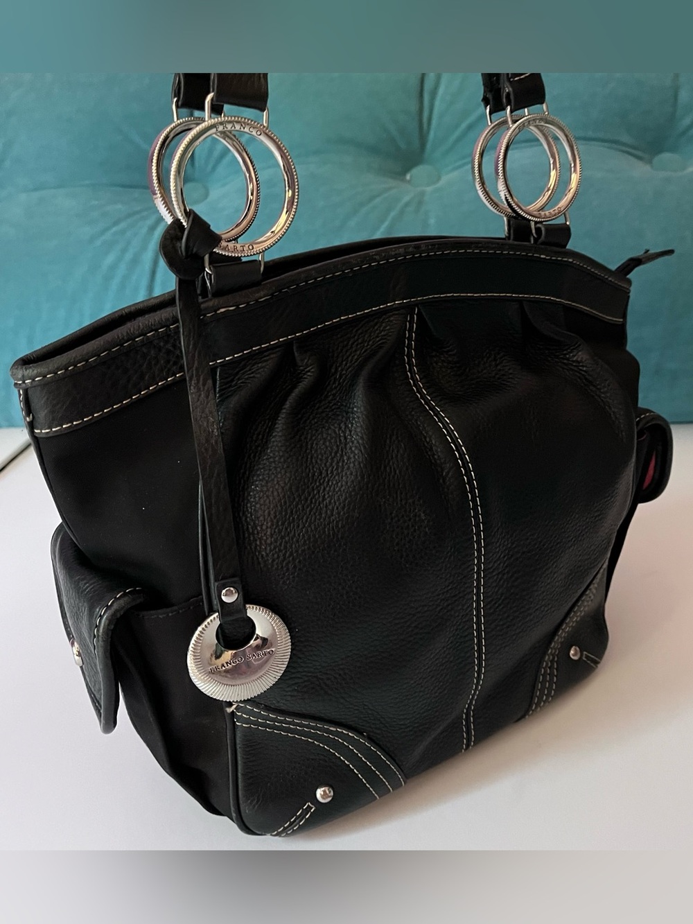 Franco Sarto Mixed Leather Nylon Hobo Shoulder Bag Black Silver Y2K